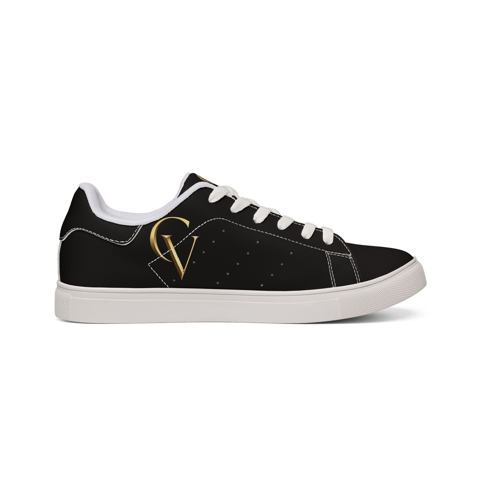 Men's Black Leather Low-Top Sneakers — Gold CV Monogram