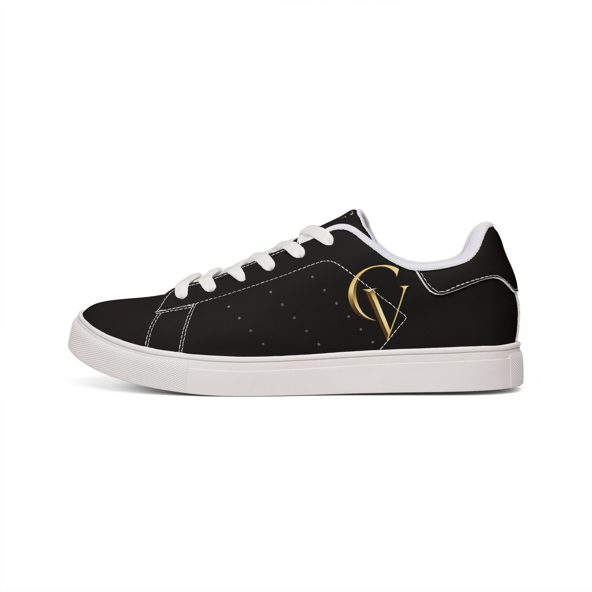 Men's Black Leather Low-Top Sneakers — Gold CV Monogram