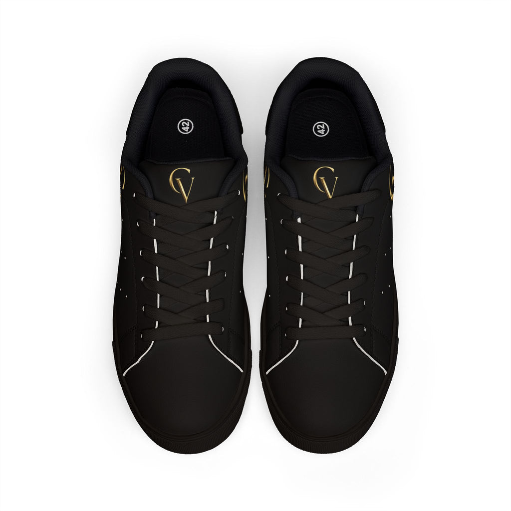 Men's Black Leather Low-Top Sneakers — Gold CV Monogram