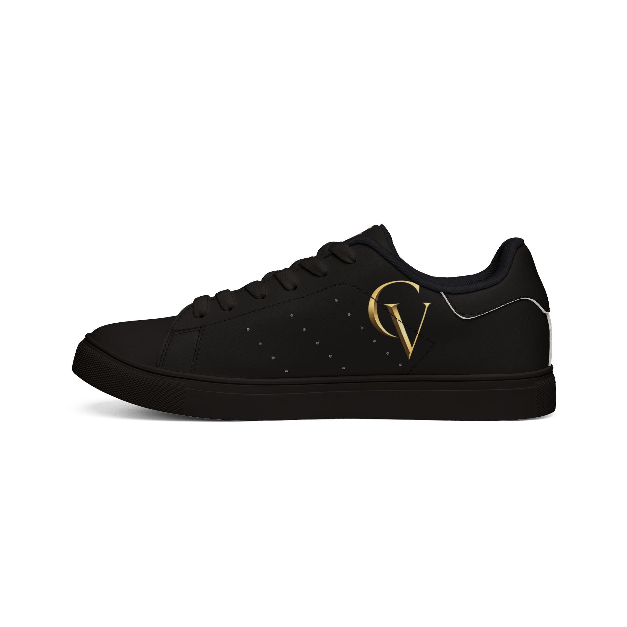 Men's Black Leather Low-Top Sneakers — Gold CV Monogram